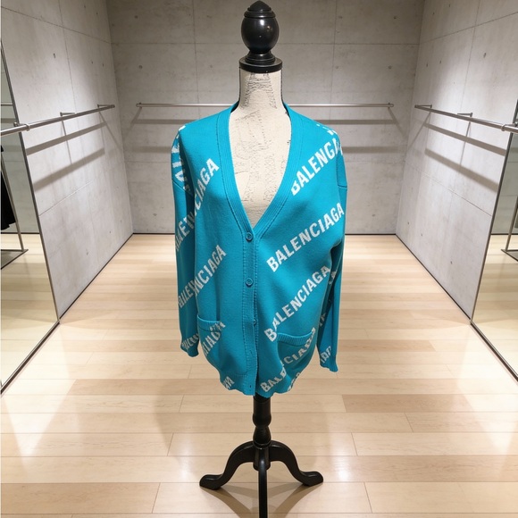 Balenciaga Sweaters - Balenciaga Teal Logo Cardigan